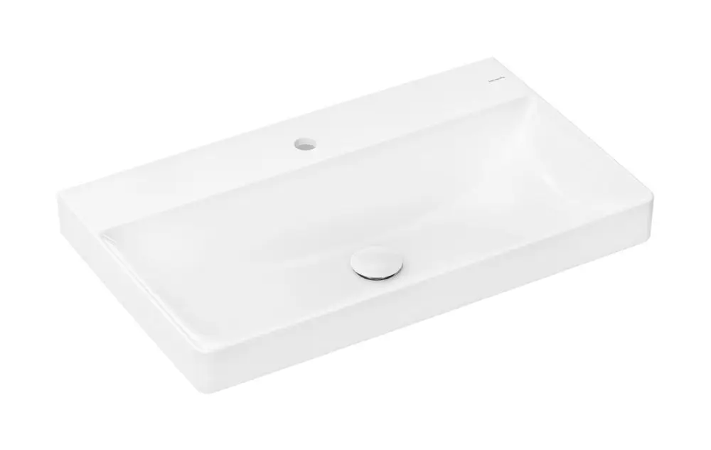 Weißes Waschtischbecken von Hansgrohe, rechteckige Form, mit einem Hahnloch, ohne Überlauf. Oberfläche mit SmartClean-Technologie für einfache Reinigung.